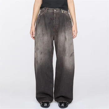 Damesbroeken 2024 Winter Nieuw in Retro splashed ink Damesjeans puur katoen wijde pijpen broek y2k lage taille broek met rechte pijpen