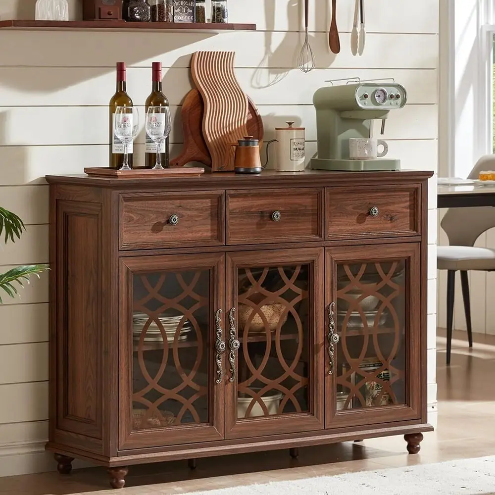 

48-широкий коричневый деревянный сервант со стеклянными дверцами, регулируемыми полками, для кухни, столовой или гостиной