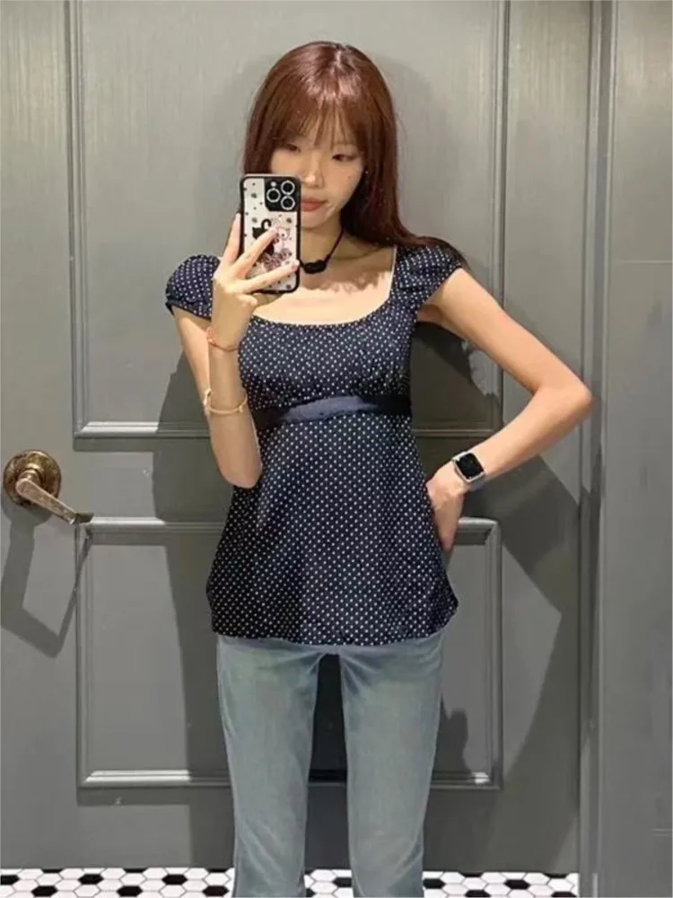 البولكا نقطة البحرية الدانتيل متابعة تي شيرت المرأة الصيف جديد عادية سليم ساحة طوق المحملة القمم أنثى خمر نمط Preppy شيك تي شيرت Y2K #3