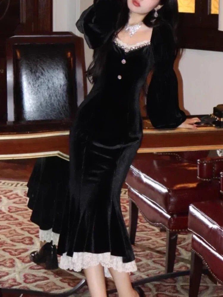 2025 invierno negro elegante vestido Midi de terciopelo mujeres Patchwork encaje Vintage sirena vestido femenino Casual coreano vestido de fiesta de noche