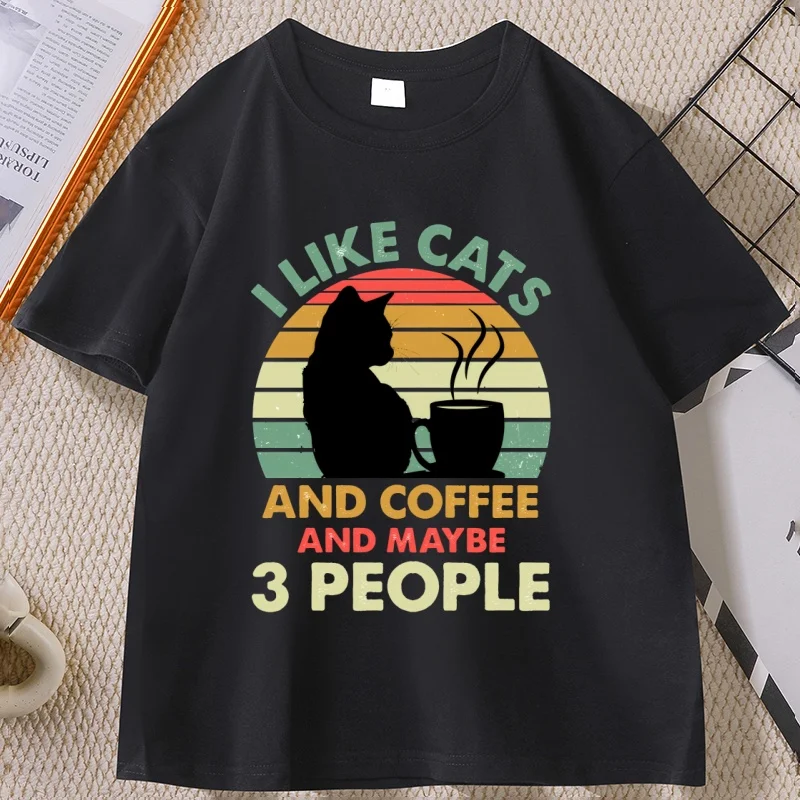 

Cats and Coffee Sunset T-shirt I Like Cats and Maybe 3 People Tshirt Casual Cotton Printed Short Sleeve T Shirt Streetwear