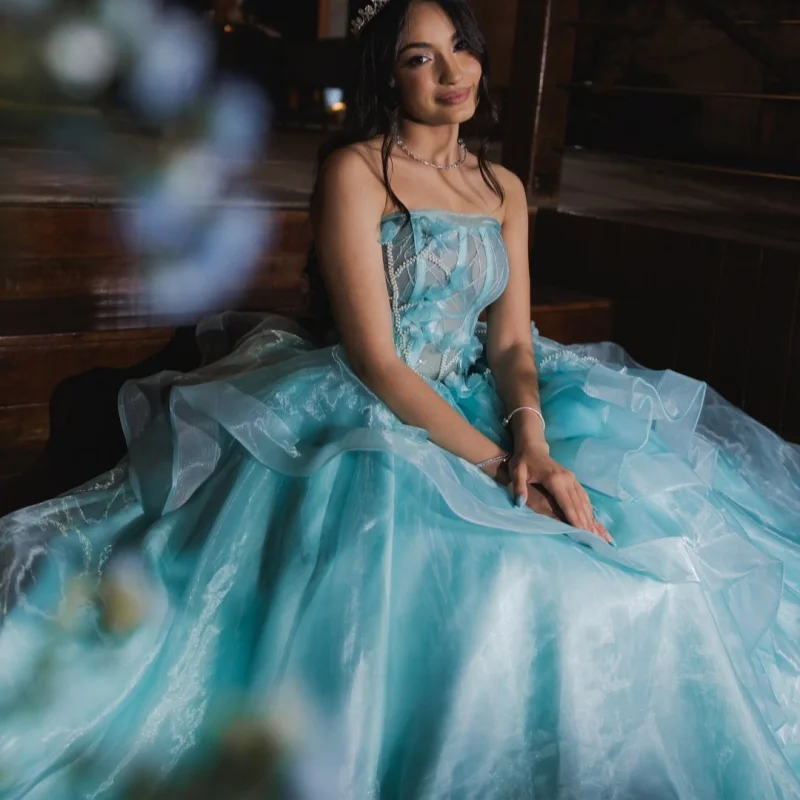 

aqua blue Quinceanera Dress Lace layering Tull glitter decal Long tail 3D flower vestidos de 15 Quinceanera ﻿Customized