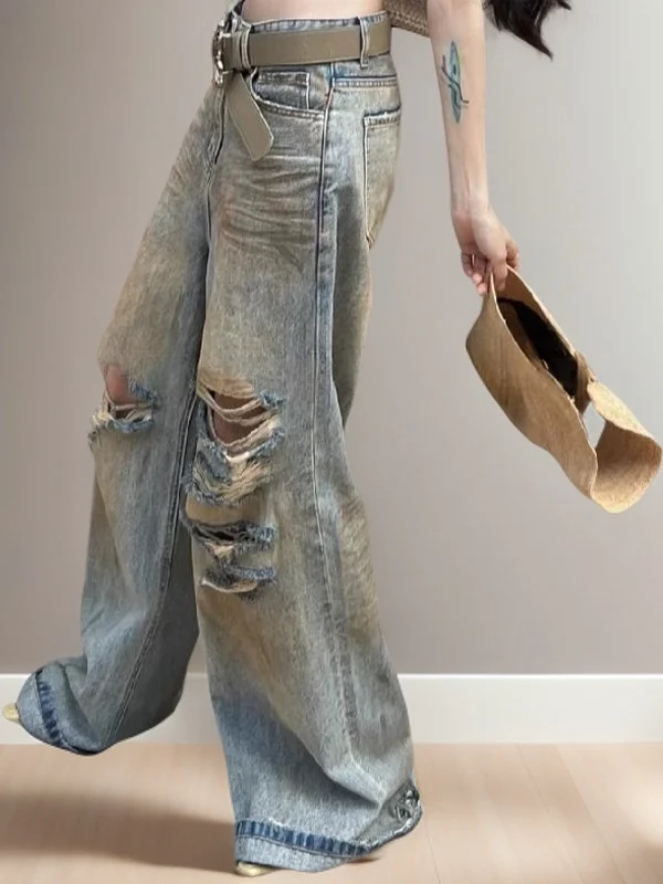 

Vintage Washed Loose Fit Long Denim Jeans Spicy Girl High Waist Wide Leg Pants Casual Style Multi Pocket Spring Collection