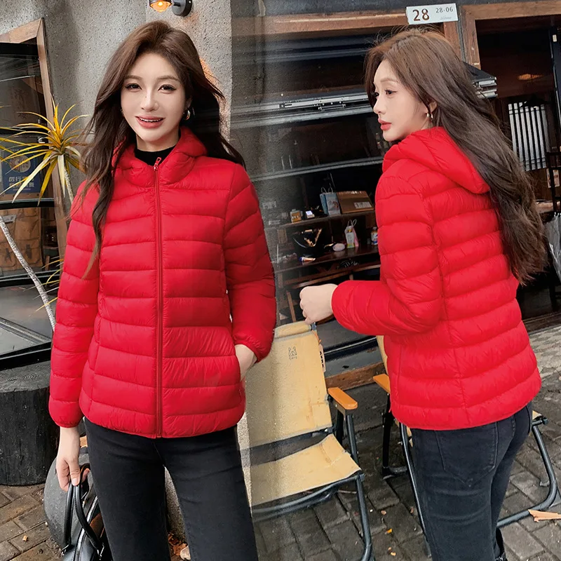 سترة نسائية مبطنة بلون سادة من القطن بسحاب كامل سترة شتوية خفيفة الوزن بغطاء للرأس بسيطة ومتعددة الاستخدامات معطف مبطن من القطن #5