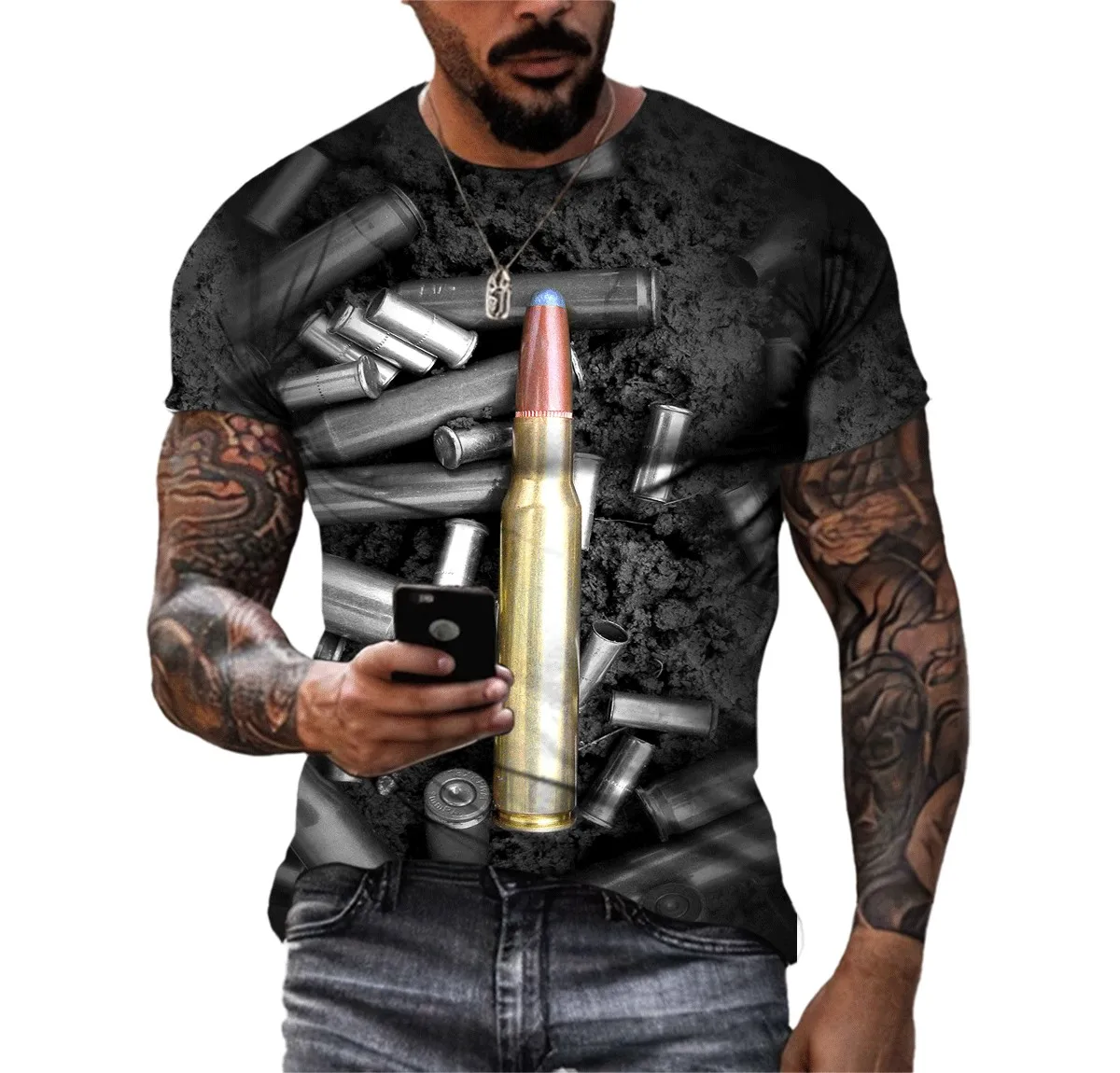 New Creative Summer Men\'s T-shirt Bullet Pattern 3d Printed Tough Guy Style T-shirt Personality Retro O-neck Quick-drying Top