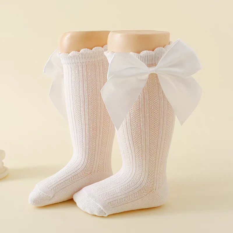 New Cute Pink Red Party Outdoor Hosiery for Toddler Cotton Solid Socks with Bowknot Princess Style Baby Soft Knee-High Socks