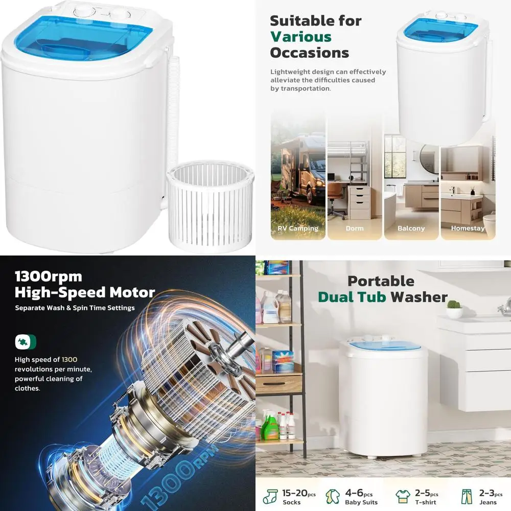 

Compact Single Tub Washer with Spin Basket, 6.6lbs Portable Laundry Machine for Apartments and Dorms (White Blue)