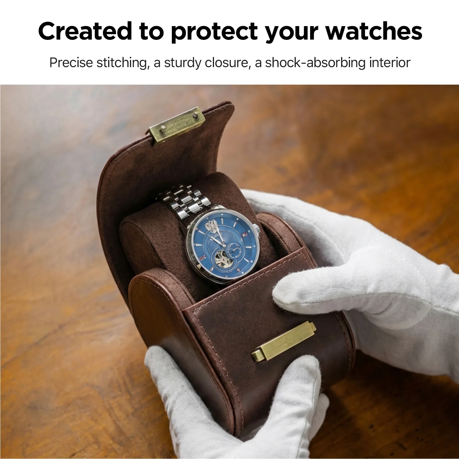 CONTACTS FAMILY Luxury Single Watch Case Genuine Leather Wrist watch Box Organizer with Lock spring Closure