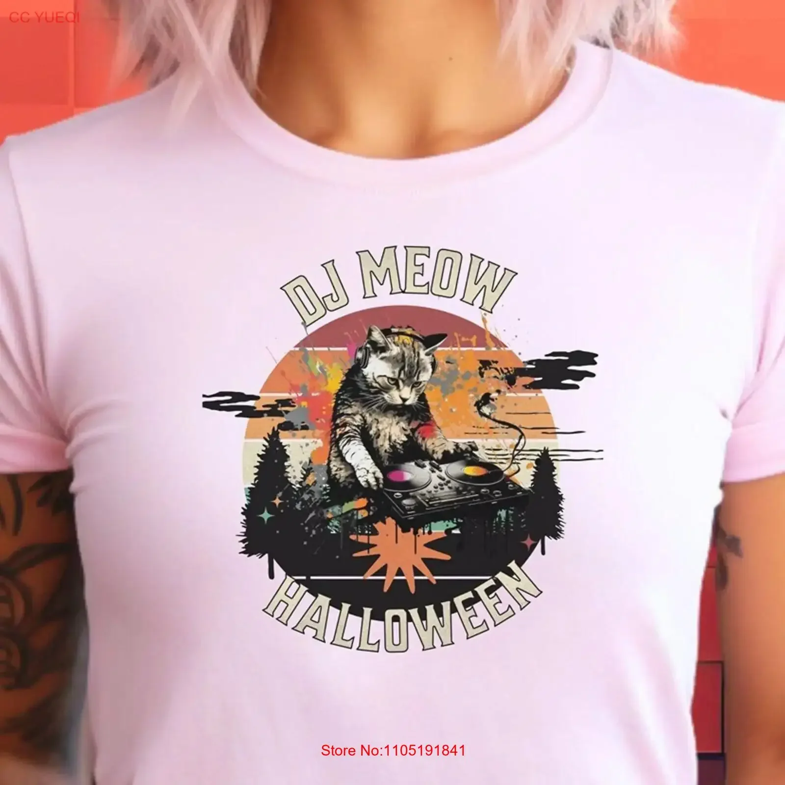 

DJ Meow Хэллоуин Черный Кот Диск Жокей Джерси Футболка винтажная стираная мягкая дизайнерская одежда Растянутая стильная универсальная мужская одежда