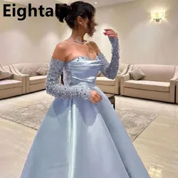 Eightale 2025 Light Blue Satin Strapless Prom Dress Beaded Sleeves Evening Dress Women Formal Party Gown Robes De Soirée