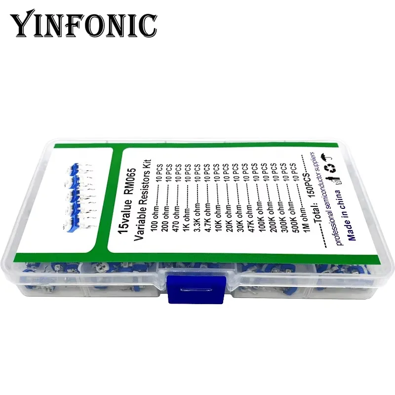 15 valores x 10pcs RM065 Horizontal Azul e branco conjunto de resistor ajustável caixa 100 ohm ~ 1M ohm