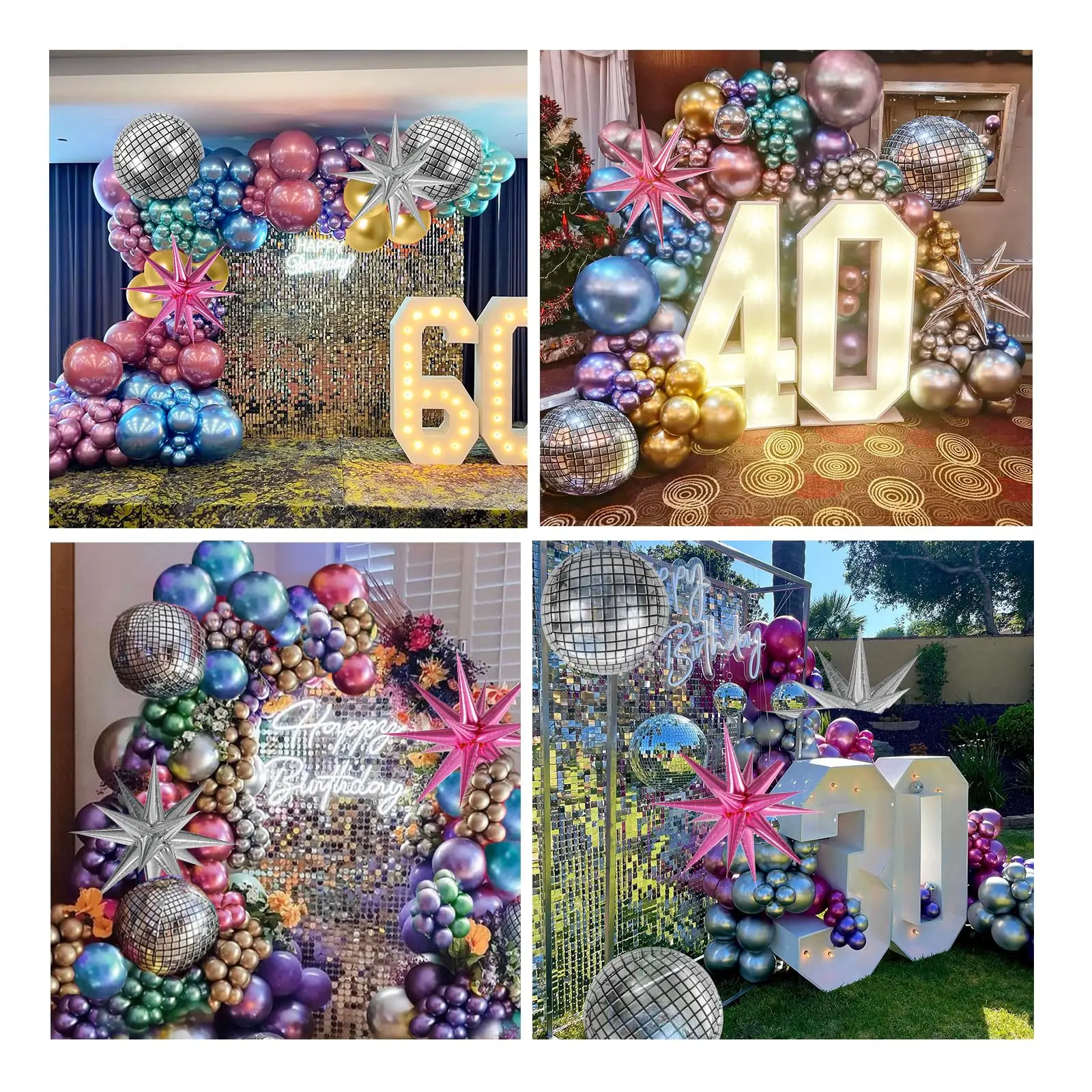 134pcs Disco Party Balloons Arch Kit Disco Ball Silver Blue Hot Pink Gold Starburst Balloons for Birthday 70S 80S 90S Decoration