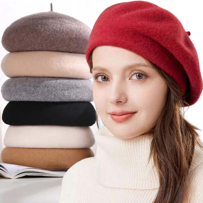 French Beret Artist Warm Wool Winter Beanie Hat Cap Vintage Women Girl Plain Beret Hats Solid Color Elegant Lady Winter Caps