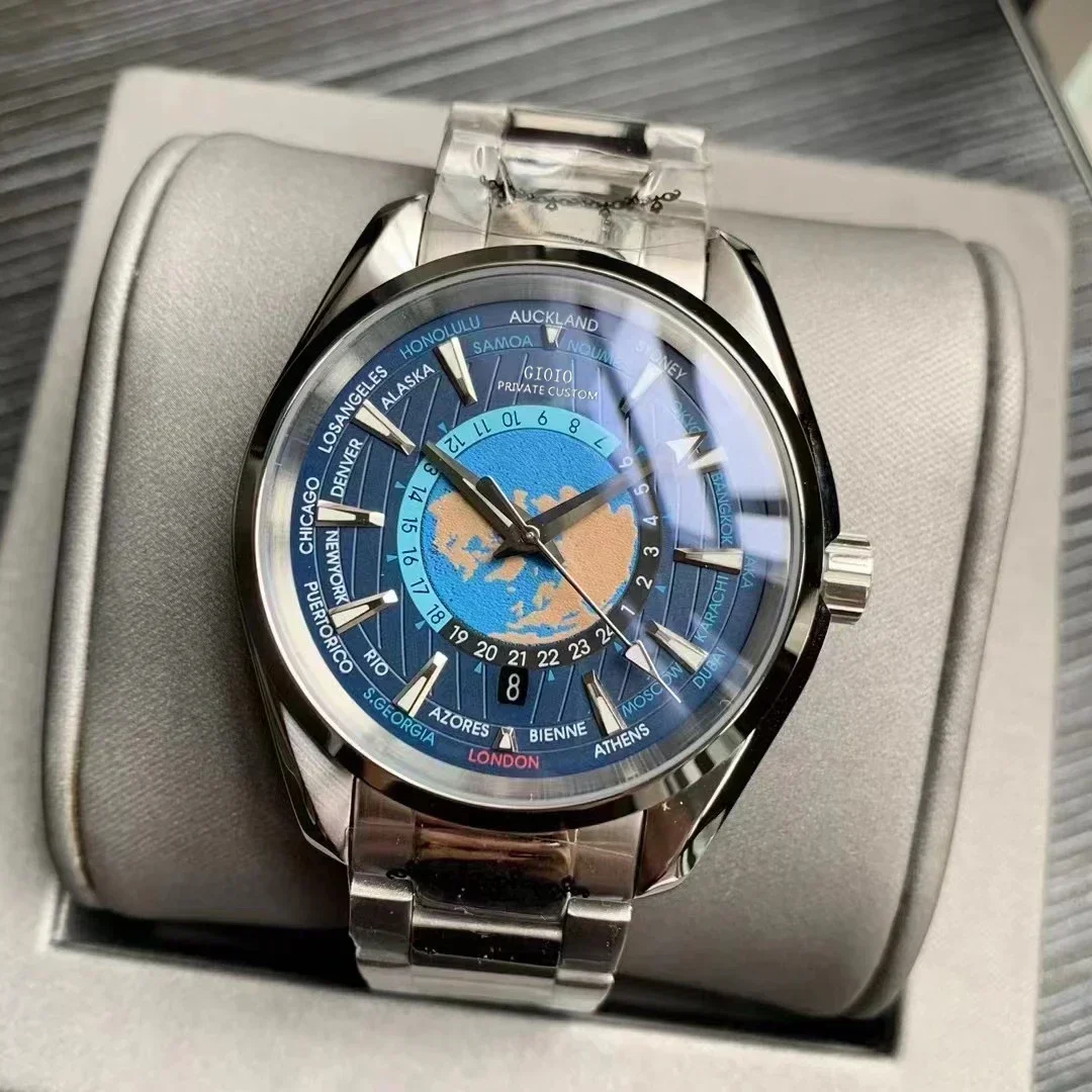 Mens Automatic Watch Mechanical Sapphire Black Blue Rubber Luminous Stainless Steel Rose Gold World Map