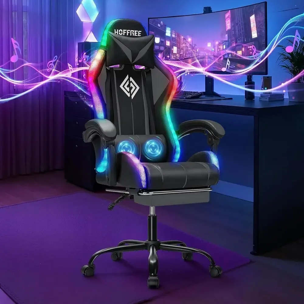 High-Back LED Gaming Chair with Speakers, Massage, and Footrest for Adults in Grey and Black