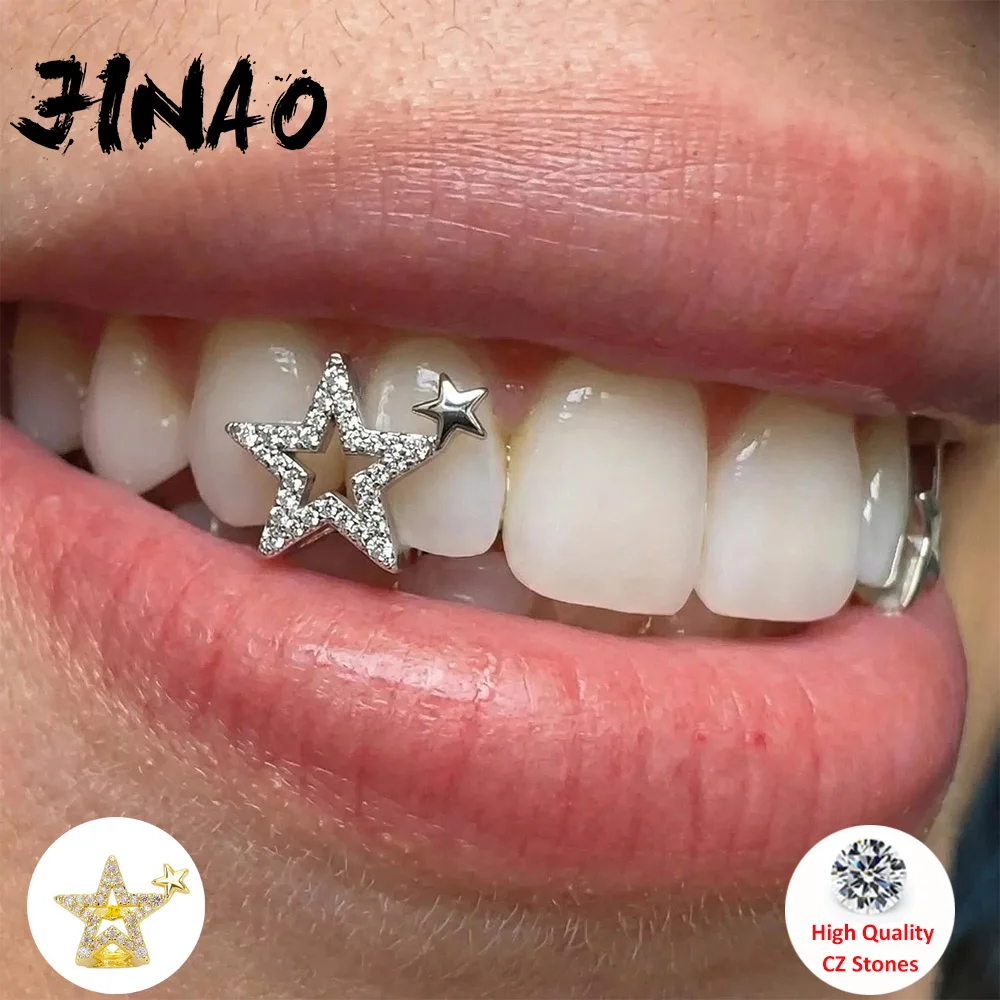 JINAO Hip Hop Double Star Teeth iced CZ Single Hollow Grillz Men Top&Bottom shinny Grill Punk Rapper Christmas Gift