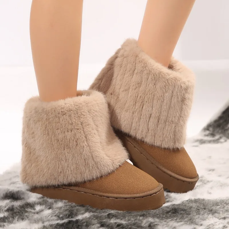 Botas de neve de toe redondo para mulheres, sapatos deslizantes, rebanho monocromático, luxuoso, quente, salto médio, impermeável, casual, inverno, novo