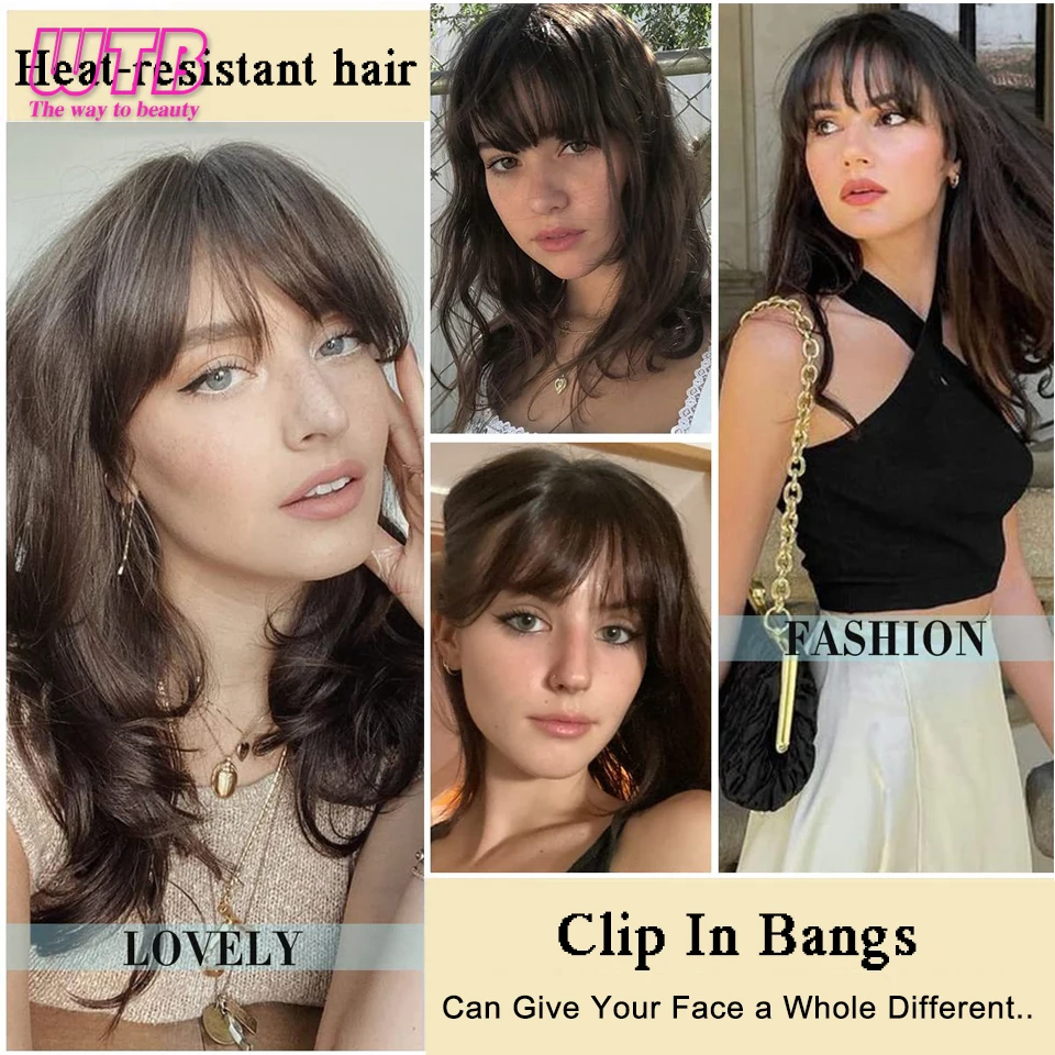 Fringe Bangs Synthetic Hair Topper Extensions Clip In Brown False Hairpiece with Temples for Women Short Styling Accessories