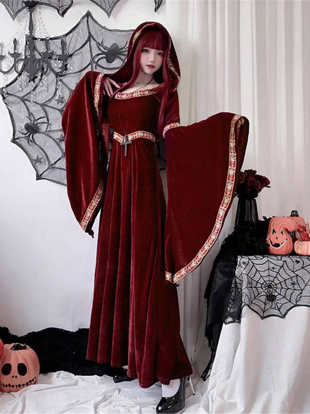 

Костюм ведьмы на Хэллоуин для взрослых, средневековый ретро-двор, маленькая красная шапочка, длинная юбка, женский этнический сценический костюм