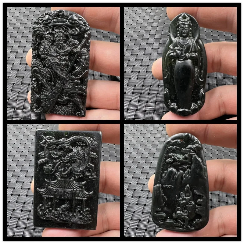 Jade Pendant Xinjiang Hetian Ink Jade Goddess Guan Gong Pendant Dark Green Serpentine Landscape Leaping Carp Brand