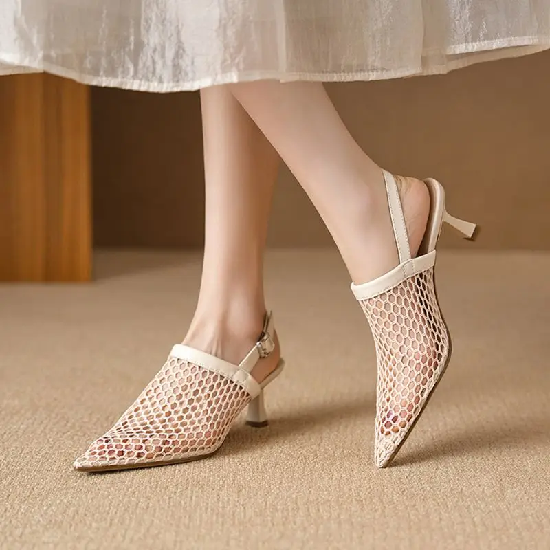 2026 Summer Fashion New High Quality Fishnet Hollow Women's Sandals Vintage Elegant Women's Stiletto Pointy Roman High Heels