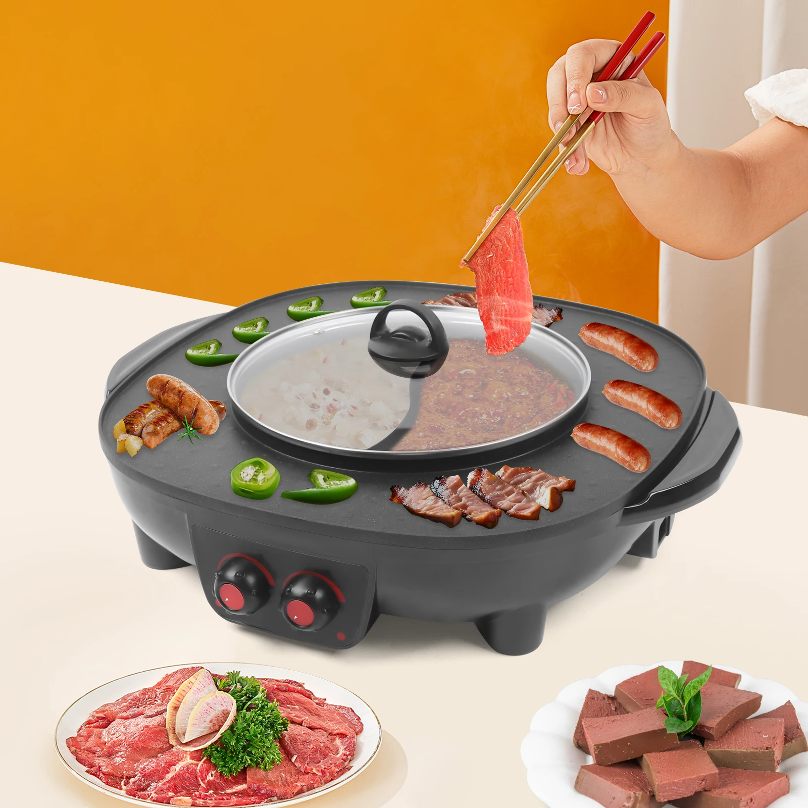 Olla caliente y parrilla 2 en 1, olla caliente eléctrica, parrilla, horno de parrilla antiadherente, parrilla de barbacoa coreana para interiores, barbacoa, raqueta de fondue