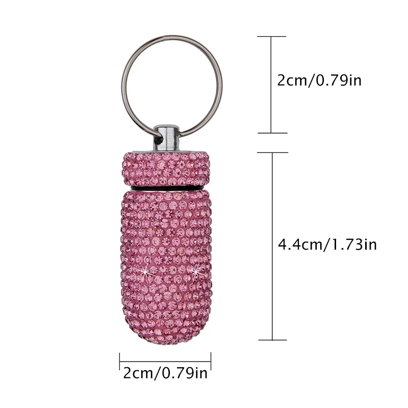 Mini Pill Bottle Keychain Full Rhinestone Aluminum Alloy Pill Storage Cases Portable Medicine Organizer Storage Containers