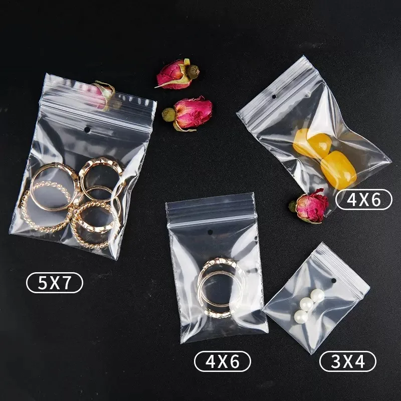 StoBag 100pcs Plastic Transparent Ziplock Small Bag with Hang Hole Sealed Jewelry Packaging Clear Button Storage Reusable Pouch