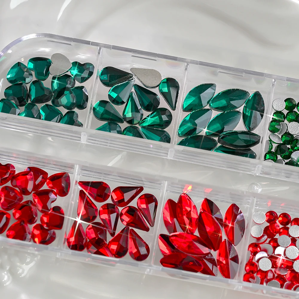 1박스 레드 & 그린 축제 색상 쥬얼리 제작 네일 참 크리스마스 플랫 백 네일 라인스톤 논핫픽스 글래스 네일 용품*