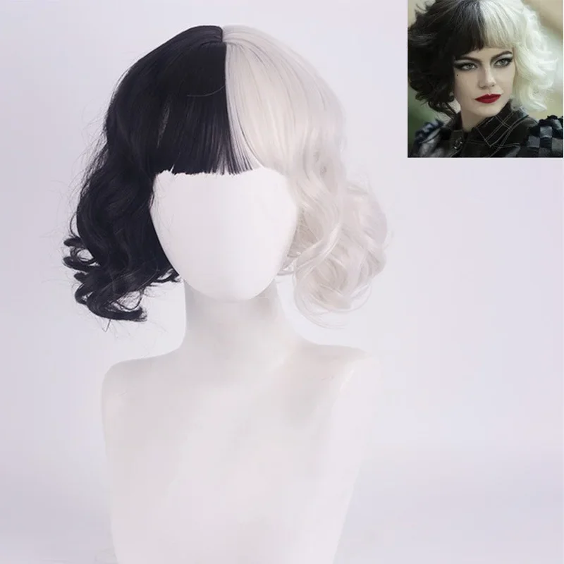 New cruella De Vil Cosplay wig half White Black short Curls Wavy Wigs Women Bangs Cos Prop