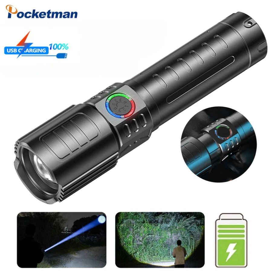 

Powerful LED Flashlight USB Rechargeable Handlight Telescopic Zoom 3 Modes Torch Outdoor Waterproof Emergency Handheld Lamp