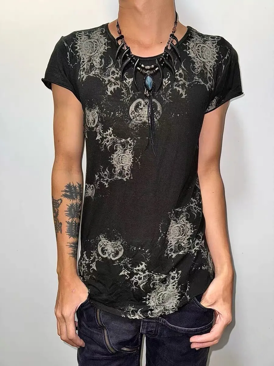 BLACK JOKER kimri Visual kei subculture retro thorn floral dark print crew neck short-sleeve T-shirt