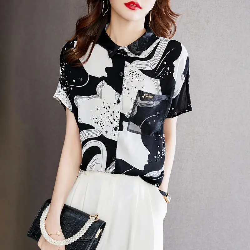 Vintage Printed Spliced Pockets Gauze Lapel Diamonds Oversized Chiffon Shirt Summer Casual Tops Loose Commute Women\'s Blouse