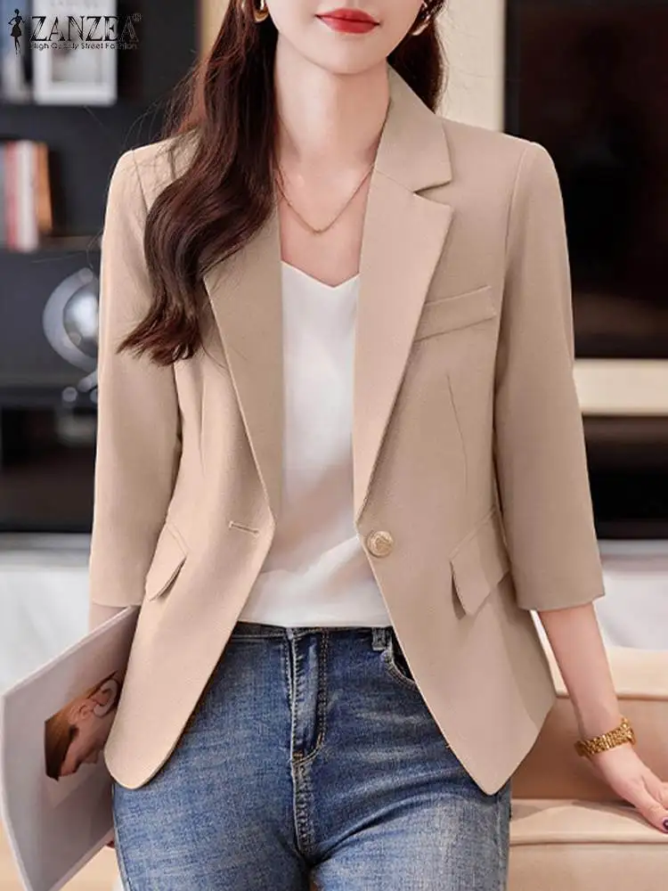 ZANZEA Elegant Women Lapel Neck 3/4 Sleeve Blazer Autumn Fashion Work Suits Jackets Casual Office Lady Thin Coats Solid Outwear