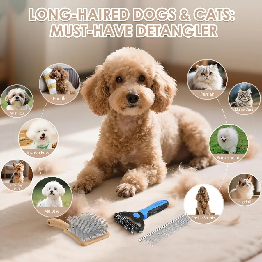 فرشاة وميض كبيرة للكلاب 3 قطع من أدوات العناية بالحيوانات الأليفة مع مشط تحت المعطف ومشط من الفولاذ المقاوم للصدأ للمعاطف السميكة وتأثير الدبابيس الطويلة