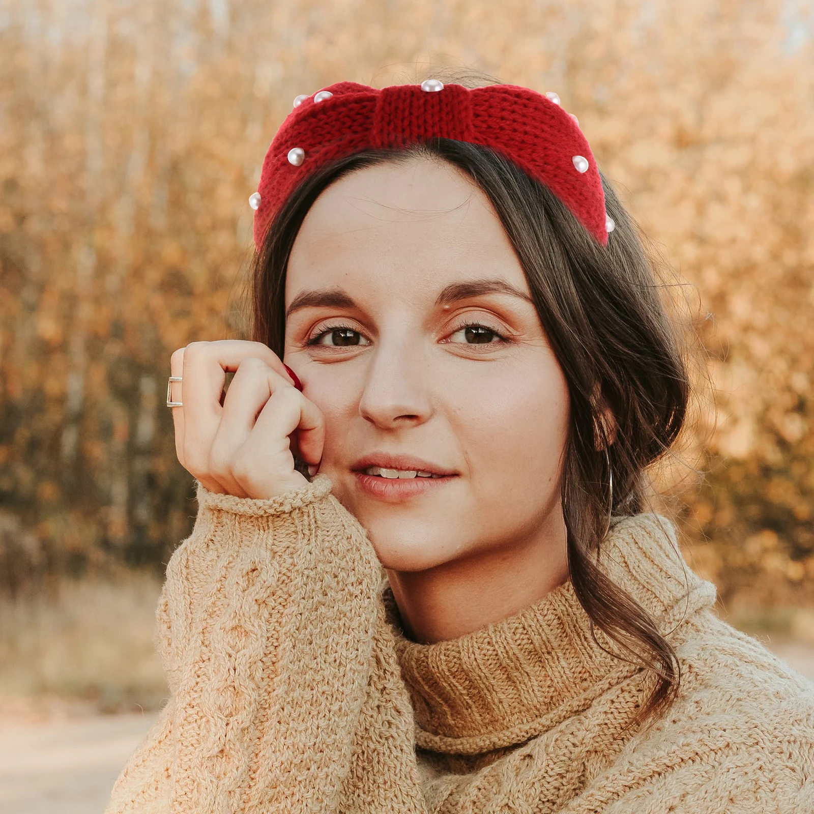 

4pcs Pearl Hair Band Bow-Knot Knitted Headband Warm Stretchy Lightweight For Skiing Snowboarding Hiking Camping Women Hair