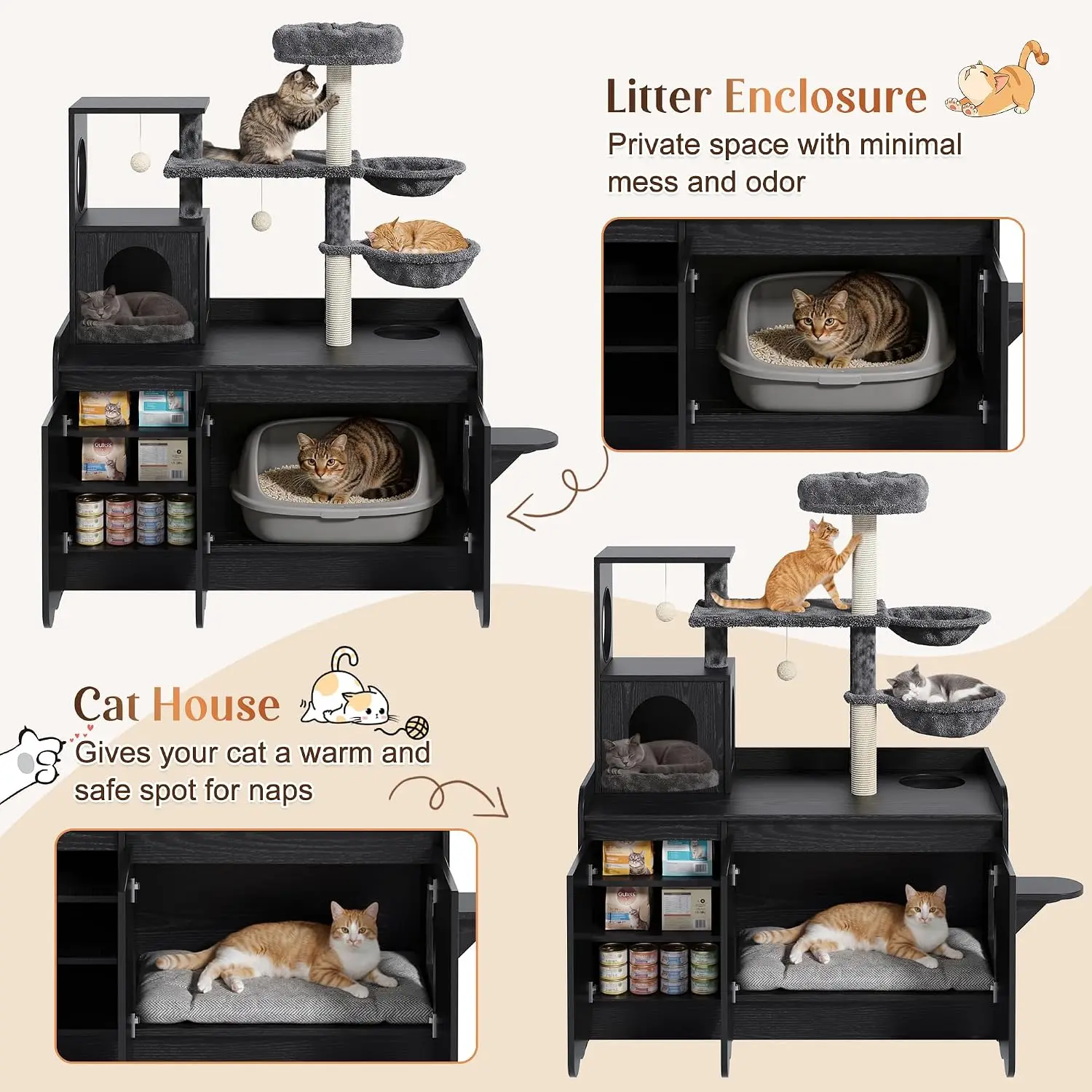 2-in-1 Wooden Cat Condo with Sisal Scratching Post and Litter Box Enclosure, Black - view 6