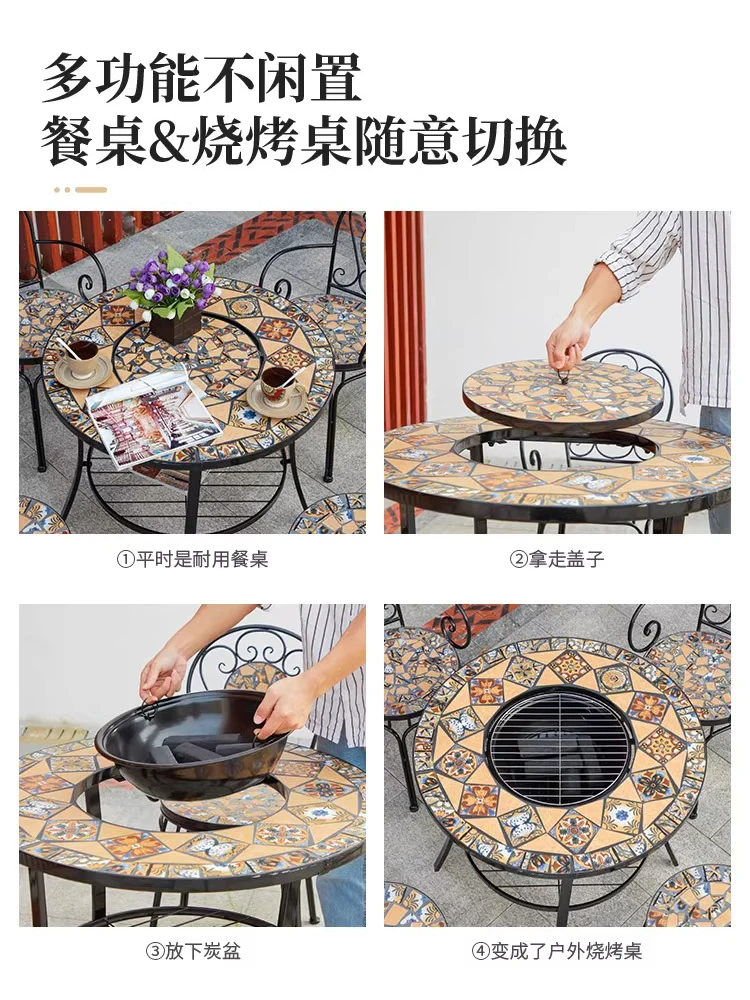 Picnic BBQ Table Garden Iron Art Patio Household Use Outdoor Round Sedentary Camping Table Grill Table Mesa Outdoor Furnitures