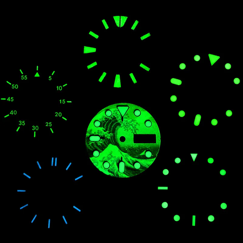 Blue / Green Luminous Watch Dial Super bright calendar Parts For Skx007 Skx009 SPRD Fit Movement NH35A NH36A  4R, 6R