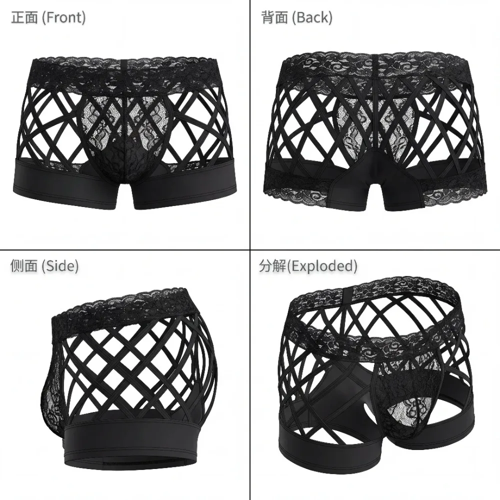 Mens Sexy Black Lace Fishnet Underwear Hollow Out Thong G String Briefs