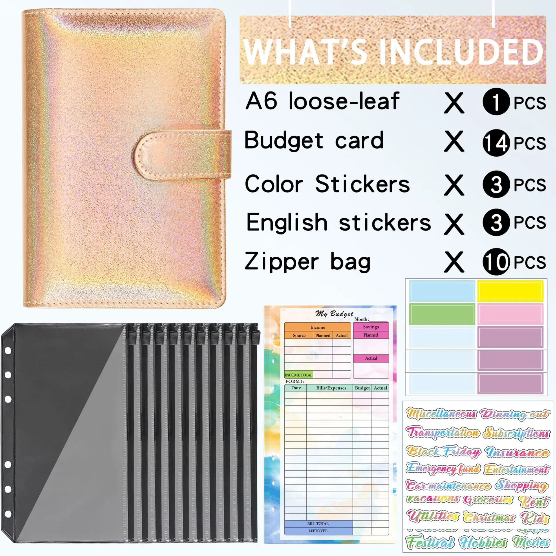 A6 Money Organizer, 6-Ring Budget Planner kit with Cash envelopes, Budget Refill Inserts, Cash Pockets, Matched Stickers