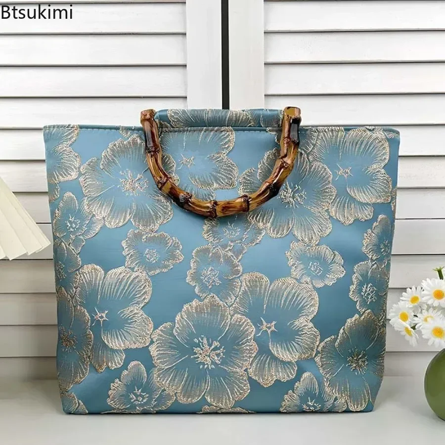 Retro Jacquard Tote Bags Bamboo Joint Handheld Large Capacity Chinese Style Handbags Cheongsam Accessories Zip daily Casual Bags