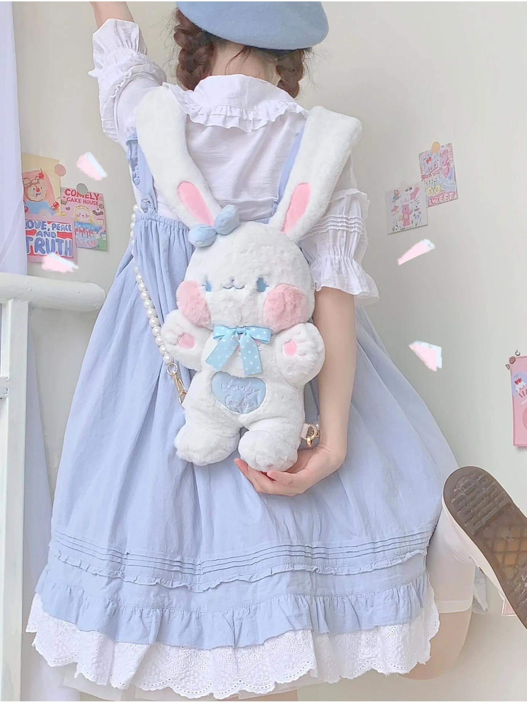 Original Toffee Bunny Cute Single Shoulder Diagonal Span Double Shoulder Versatile Plush Bunny Backpack Bag