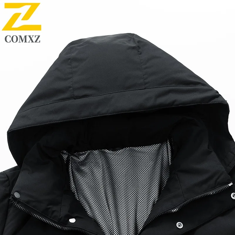 COMXZ أسفل سترة الرجال 2025 الشتاء الأبيض بطة أسفل طويل عمال زي مدرسي أسفل سترة مقاوم للماء يندبروف العمل موحدة