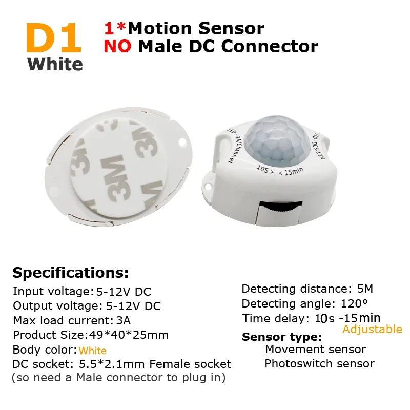 PIR Motion Sensor Switch 12V DC Timer Automatic ON OFF LED Strip Light Motion Sensor Extension Wire DC Male 1A 2A Work on Night
