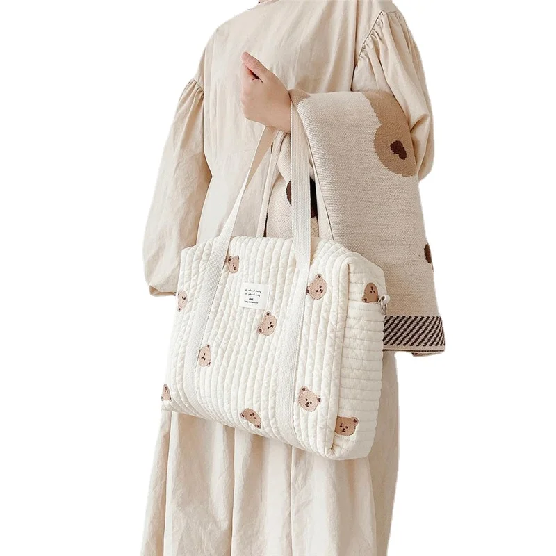 Neue Bär Tier Kinderwagen Tasche Neugeborene Baby beige Baumwolle Stoff Reiß verschluss Windel Handtasche Mumie Umhängetasche für unterwegs