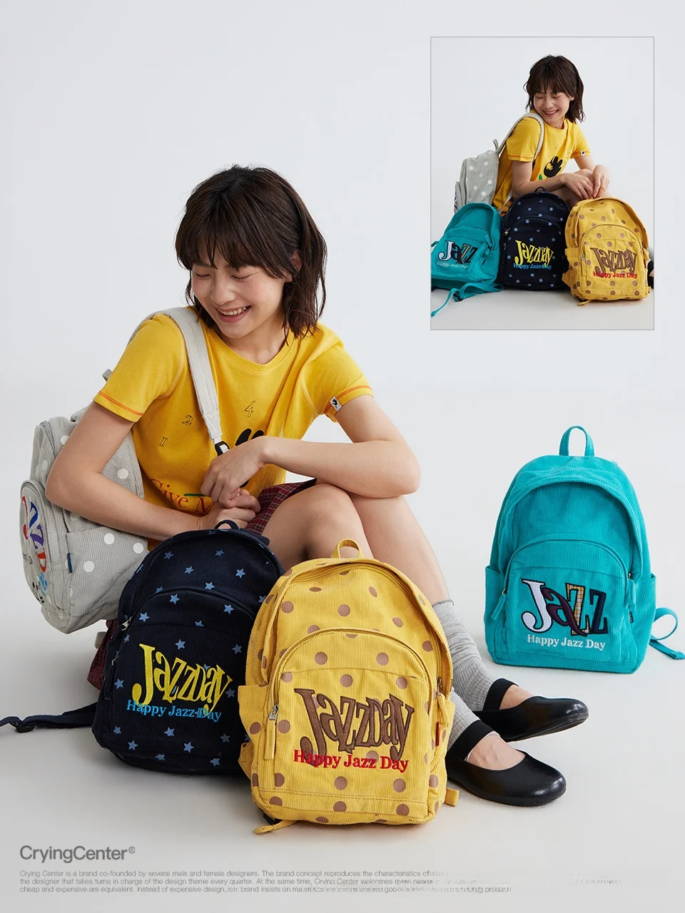 

CryingCenter Corduroy Embroidered Polka Dot Backpack Trendy Youth Shoulder Bag Zipper Closure Daily Use Blue Green