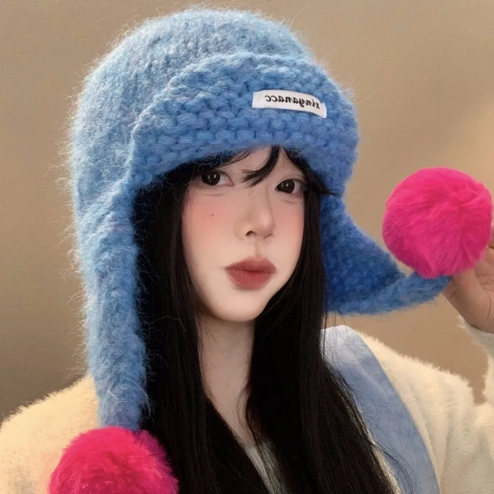 

Trendy Autumu Winter Women Knitted Cap Sweet Y2k Warm Beanie Hats Fluffy Pom-pom Versatile Ear Protection Caps Outdoor