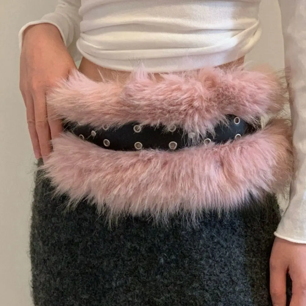 موضة بولي Leather الجلود الجلود الفراء حزام برشام فو الفراء فروي حزام الجينز ديكور تنوعا Y2K حزام فستان الديكور #2
