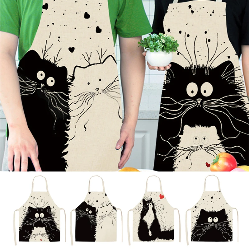 Cartoon Cat Apron Kitchen Cute Printed Sleeveless Cotton Linen Chef Aprons For Men Women Home Cleaning Tools Baking Accessories